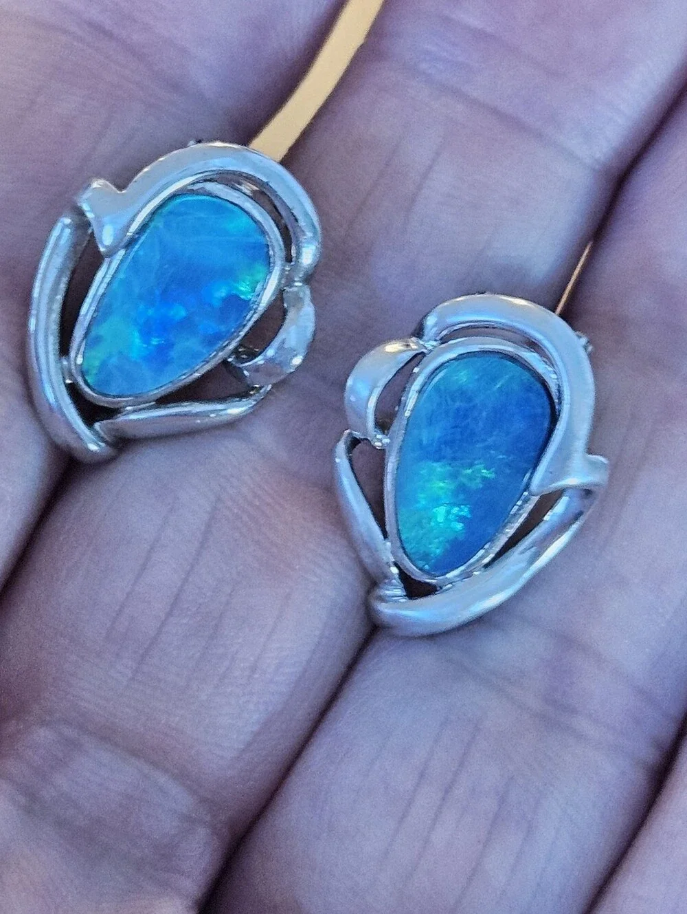 Designer Australian Black Opal Teardrop Sterling Silver Omega Back Earrings 1